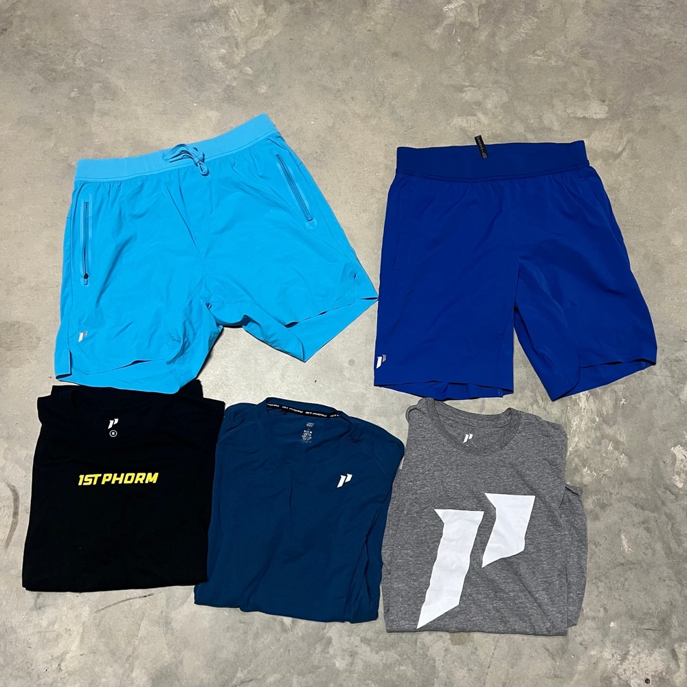 1st Phorm Mens Activewear Lot 5pc Shorts Shirts Medium Blue Black Gym Bundle